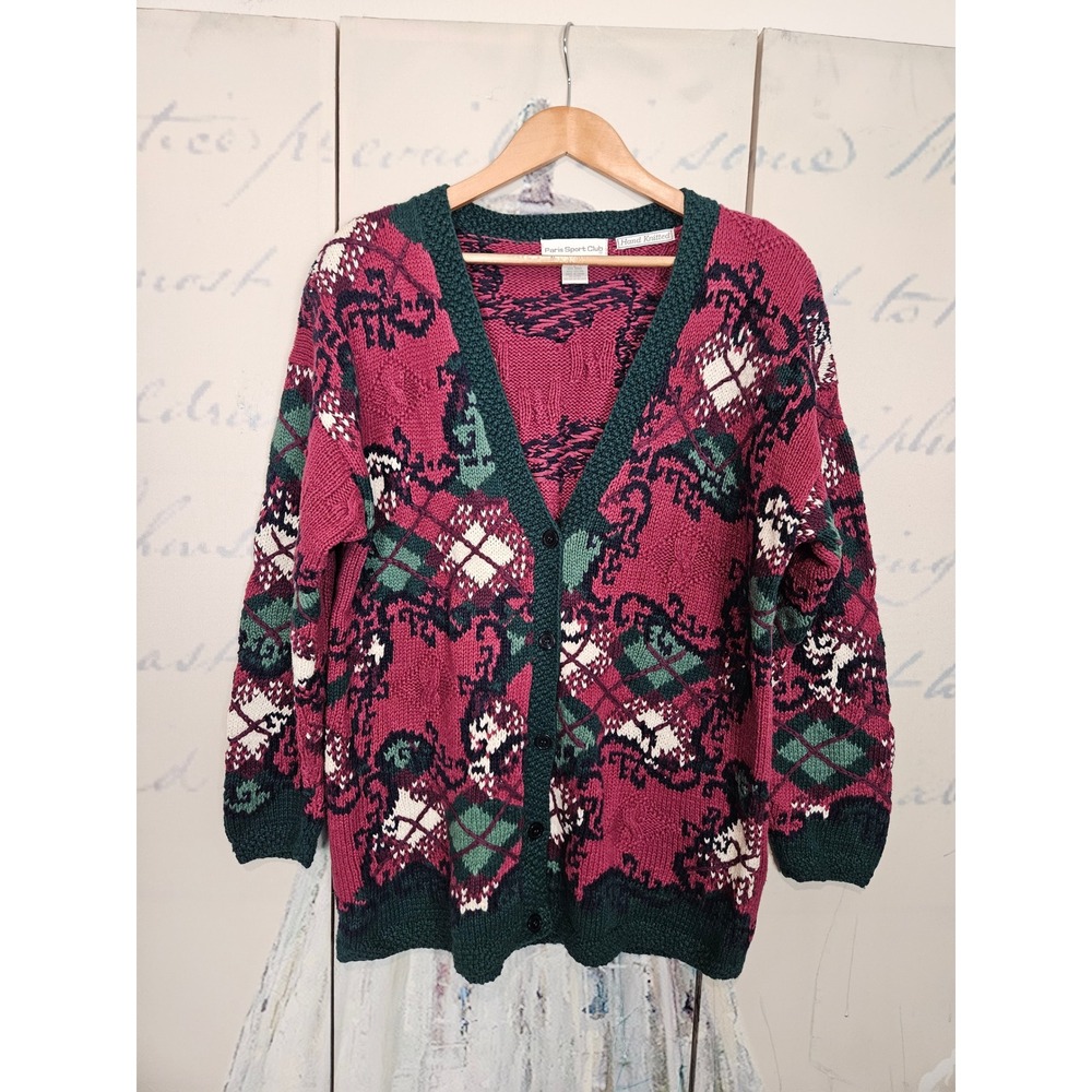 Paris Sport Club Cardigan Large Burgundy Argyle Hand Knitted Vintage 90s Sweater